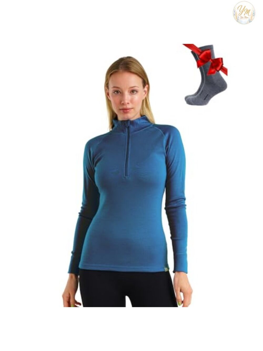100% Merino Wool Quarter Zip Sweater Women Thermal Base Layer with Socks